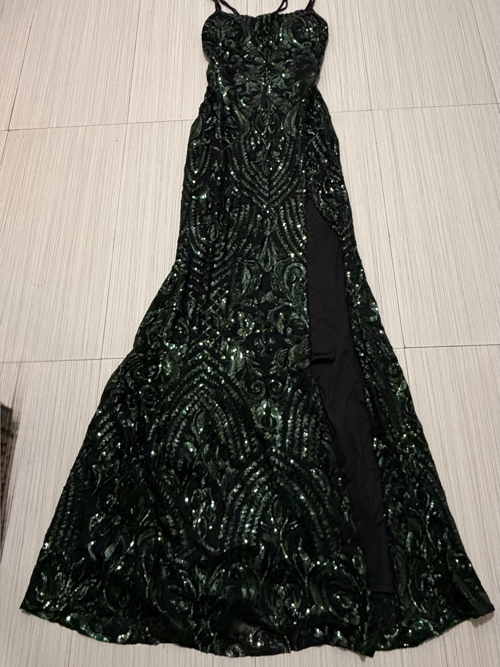 Windsor Emerald Sequin Evening Gown with Side Slit. Festive Holiday Party
